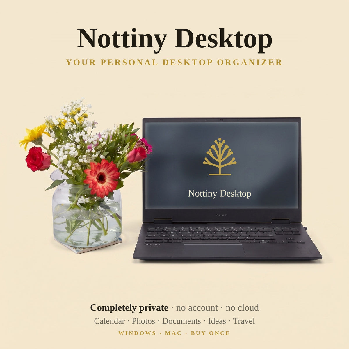 Nottiny Desktop on a laptop screen, next to a vase of fresh flowers